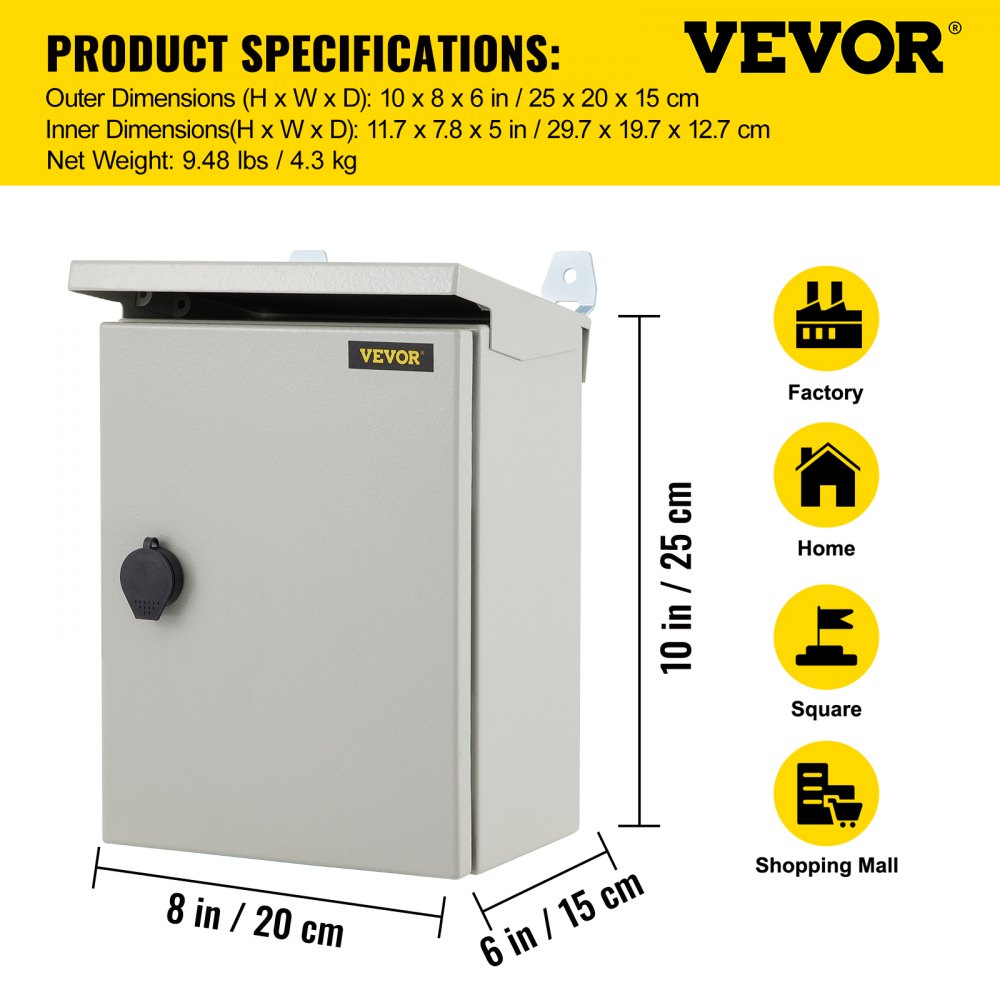 Caja eléctrica VEVOR, 10\'\' x 8\'\' x 6\'\', caja para exteriores NEMA 4 con certificación, IP65, resistente al agua y al polvo, caja de conexiones con bisagras de acero al carbono laminado en frío para uso en interiores y exteriores, con protección contra lluvia