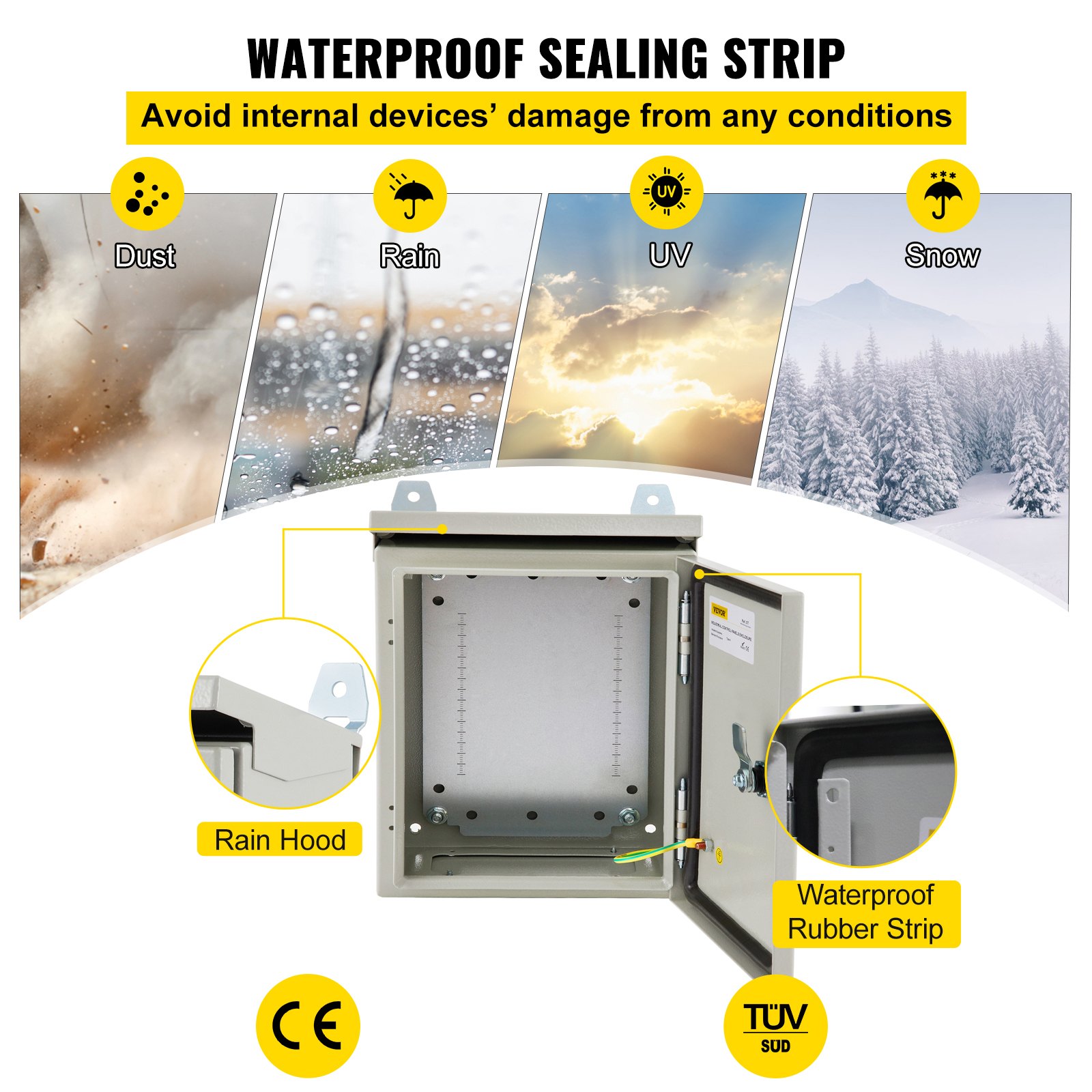 Caja eléctrica VEVOR, 10\'\' x 8\'\' x 6\'\', caja para exteriores NEMA 4 con certificación, IP65, resistente al agua y al polvo, caja de conexiones con bisagras de acero al carbono laminado en frío para uso en interiores y exteriores, con protección contra lluvia