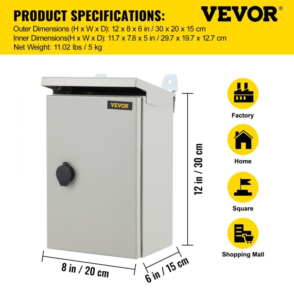 Caja eléctrica VEVOR, 12\'\' x 8\'\' x 6\'\', caja para exteriores NEMA 4 con certificación, IP65, resistente al agua y al polvo, caja de conexiones con bisagras de acero al carbono laminado en frío para uso en interiores y exteriores, con protección contra lluvia