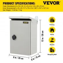 Caja eléctrica VEVOR, 12' x 8' x 6', caja exterior NEMA 4 certificada por  caja de conexiones con bisagras de acero al carbono laminado en frío a prueba de agua y polvo IP65 para uso en interiores y exteriores, con capota de lluvia