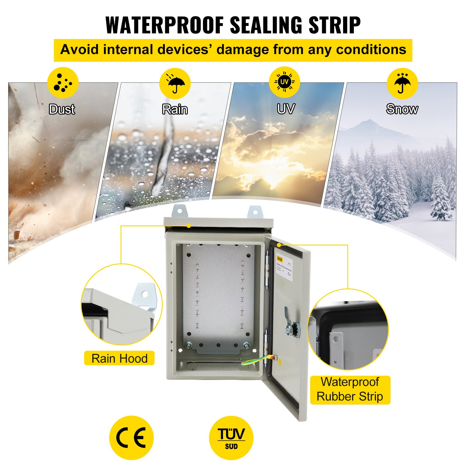 Caja eléctrica VEVOR, 12\'\' x 8\'\' x 6\'\', caja para exteriores NEMA 4 con certificación, IP65, resistente al agua y al polvo, caja de conexiones con bisagras de acero al carbono laminado en frío para uso en interiores y exteriores, con protección contra lluvia