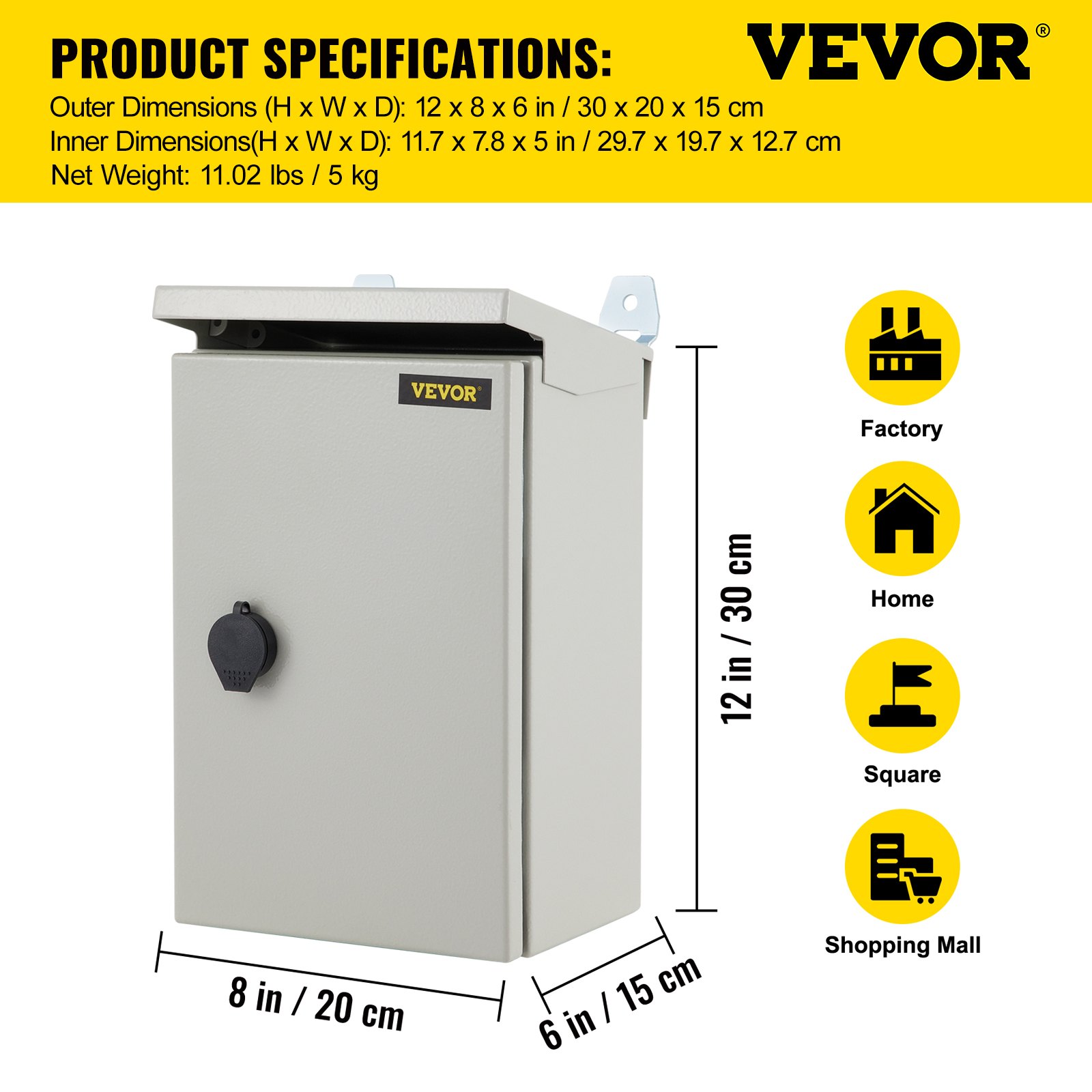 Caja eléctrica VEVOR, 12\'\' x 8\'\' x 6\'\', caja para exteriores NEMA 4 con certificación, IP65, resistente al agua y al polvo, caja de conexiones con bisagras de acero al carbono laminado en frío para uso en interiores y exteriores, con protección contra lluvia