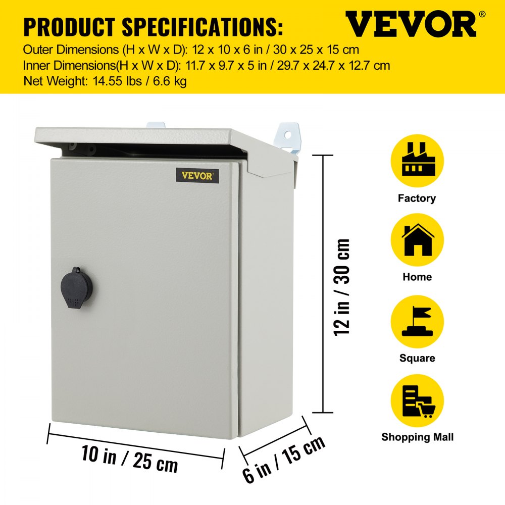 Caja eléctrica VEVOR, 12 x 10 x 6 pulgadas, probada según los estándares UL NEMA 4, caja de conexiones con bisagras de acero al carbono laminado en frío IP65 impermeable y a prueba de polvo para uso en interiores y exteriores, con lluvia H