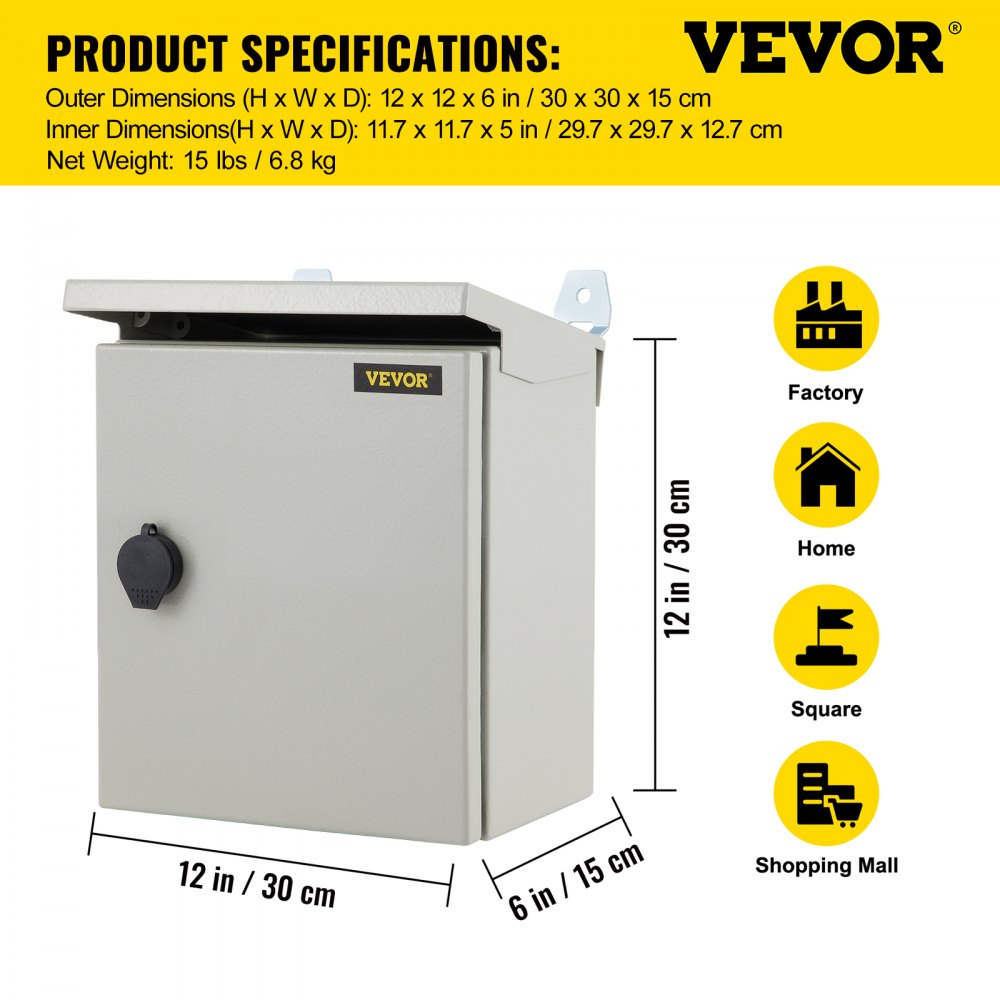Caja eléctrica VEVOR, 12 x 12 x 6 pulgadas, probada según los estándares UL NEMA 4, caja de conexiones con bisagras de acero al carbono laminado en frío IP65 impermeable y a prueba de polvo para uso en interiores y exteriores, con lluvia H