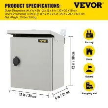 Caja eléctrica VEVOR, 12' x 12' x 6', caja exterior NEMA 4 certificada por  caja de conexiones con bisagras de acero al carbono laminado en frío a prueba de agua y polvo IP65 para uso en interiores y exteriores, con capota de lluvia