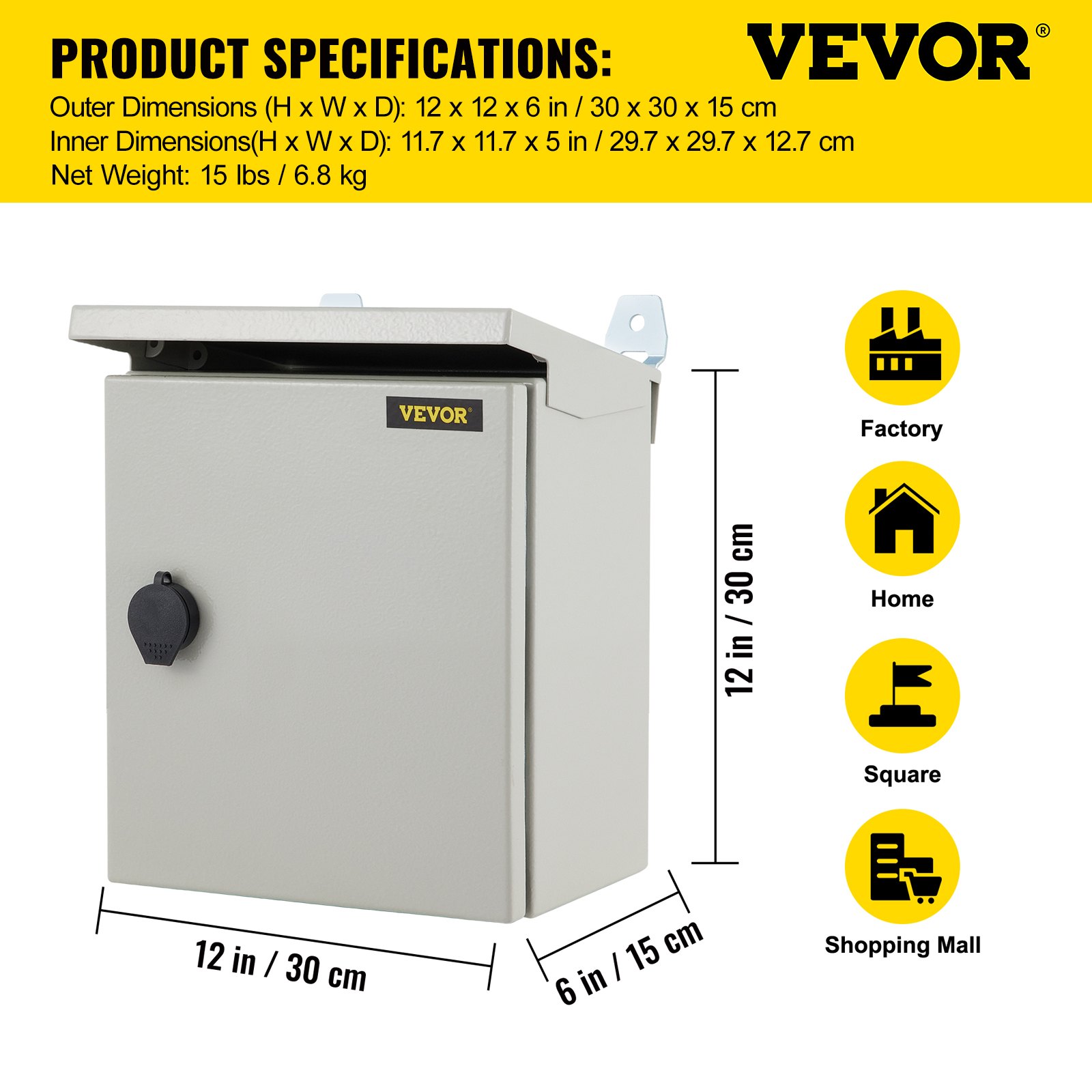 Caja eléctrica VEVOR, 12 x 12 x 6 pulgadas, probada según los estándares UL NEMA 4, caja de conexiones con bisagras de acero al carbono laminado en frío IP65 impermeable y a prueba de polvo para uso en interiores y exteriores, con lluvia H