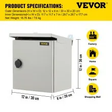 Caja eléctrica VEVOR, 12' x 12' x 8', caja exterior NEMA 4 certificada por  caja de conexiones con bisagras de acero al carbono laminado en frío a prueba de agua y polvo IP65 para uso en interiores y exteriores, con capota de lluvia