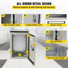 Caja eléctrica VEVOR, 16 x 12 x 6 pulgadas, caja exterior NEMA 4 certificada por  caja de conexiones con bisagras de acero al carbono laminado en frío a prueba de agua y polvo IP65 para uso en interiores y exteriores, con capota de lluvia