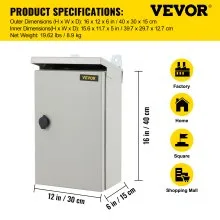 Caja eléctrica VEVOR, 16 x 12 x 6 pulgadas, caja exterior NEMA 4 certificada por  caja de conexiones con bisagras de acero al carbono laminado en frío a prueba de agua y polvo IP65 para uso en interiores y exteriores, con capota de lluvia