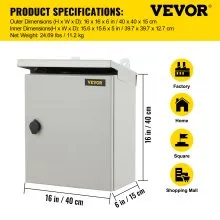 Caja eléctrica VEVOR, 16' x 16' x 6', caja exterior NEMA 4 certificada por  caja de conexiones con bisagras de acero al carbono laminado en frío a prueba de agua y polvo IP65 para uso en interiores y exteriores, con capota de lluvia