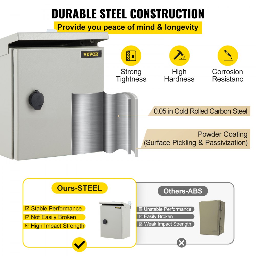 Caja eléctrica VEVOR, 16.0 x 16.0 x 8.0 in, probada según los estándares UL NEMA 4 para exteriores, IP65 impermeable y a prueba de polvo, caja de conexiones con bisagras de acero al carbono laminado en frío para uso en interiores y exteriores, con lluvia H