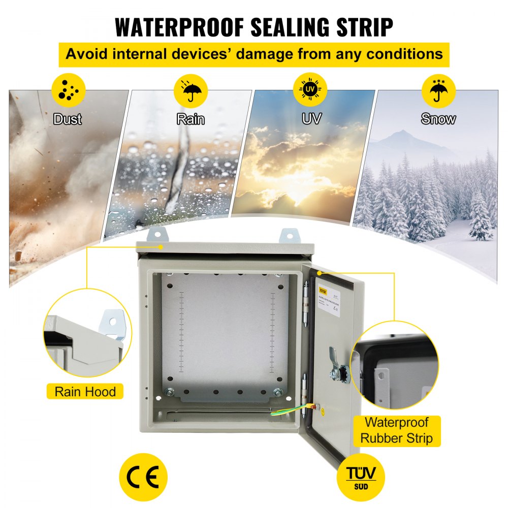Caja eléctrica VEVOR, 16.0 x 16.0 x 8.0 in, probada según los estándares UL NEMA 4 para exteriores, IP65 impermeable y a prueba de polvo, caja de conexiones con bisagras de acero al carbono laminado en frío para uso en interiores y exteriores, con lluvia H