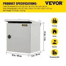 Caja eléctrica VEVOR, 16' x 16' x 8', caja exterior NEMA 4 certificada por  caja de conexiones con bisagras de acero al carbono laminado en frío a prueba de agua y polvo IP65 para uso en interiores y exteriores, con capota de lluvia