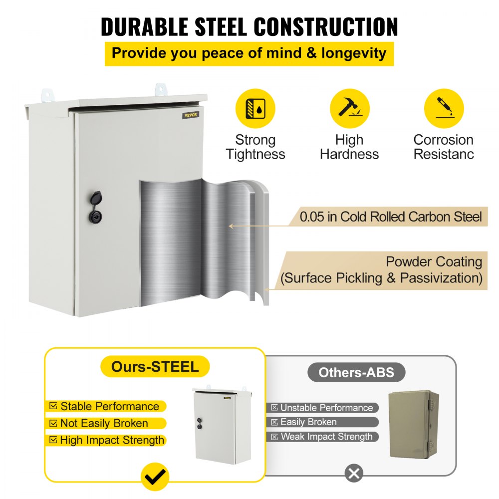 Caja eléctrica VEVOR, 20\'\' x 12\'\' x 10\'\', caja para exteriores NEMA 4 con certificación, IP65, resistente al agua y al polvo, caja de conexiones con bisagras de acero al carbono laminado en frío para uso en interiores y exteriores, con lluvia