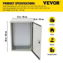 Caja eléctrica VEVOR, 20' x 12' x 10', caja exterior NEMA 4 certificada por  caja de conexiones con bisagras de acero al carbono laminado en frío a prueba de agua y polvo IP65 para uso en interiores y exteriores, con capota de lluvia