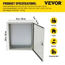 Caja eléctrica VEVOR, 20' x 16' x 6', caja exterior NEMA 4 certificada por  caja de conexiones con bisagras de acero al carbono laminado en frío a prueba de agua y polvo IP65 para uso en interiores y exteriores, con capota de lluvia