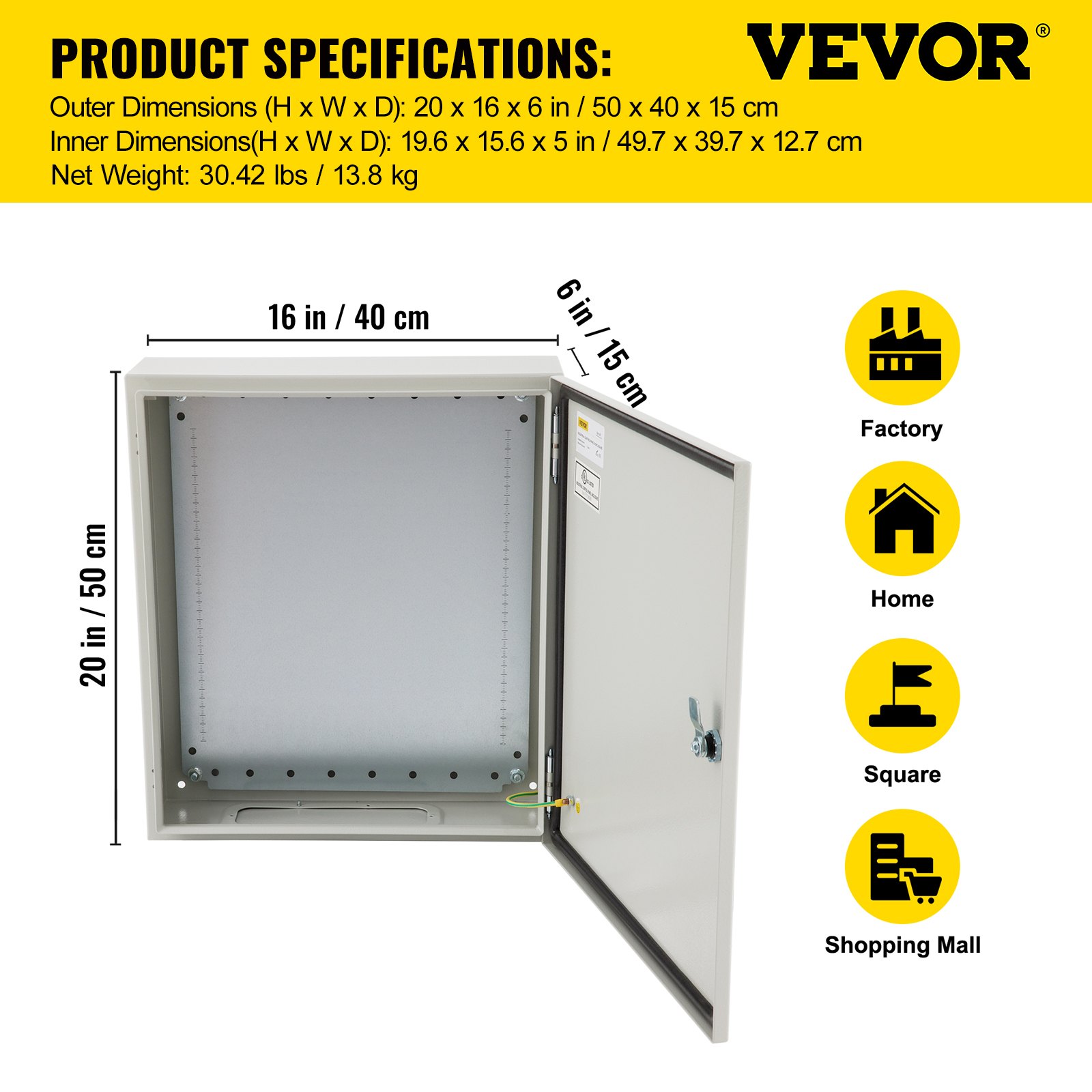 Caja eléctrica VEVOR, 20 x 16 x 6 pulgadas, probada según los estándares NEMA 4, caja de conexiones con bisagras de acero al carbono laminado en frío IP65 impermeable y prueba de polvo para uso e