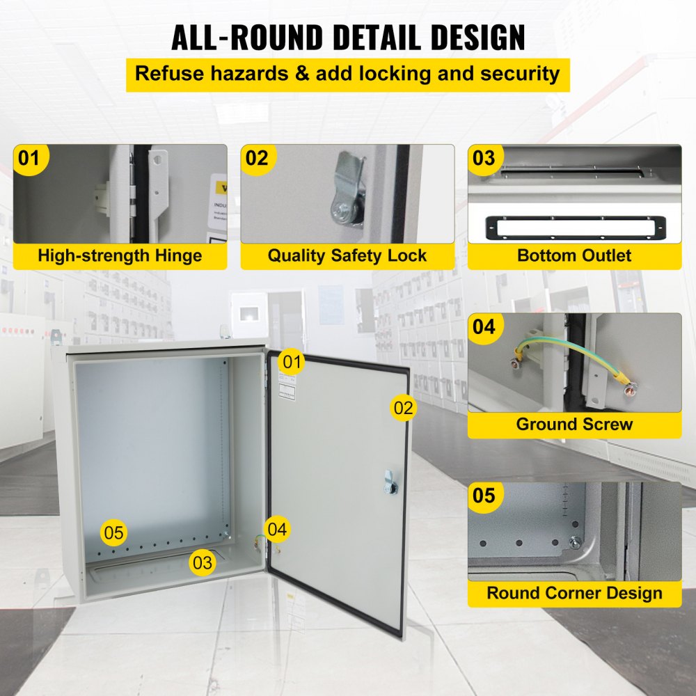 Caja eléctrica VEVOR, 20\'\' x 16\'\' x 8\'\', caja para exteriores NEMA 4 con certificación, IP65, resistente al agua y al polvo, caja de conexiones con bisagras de acero al carbono laminado en frío para uso en interiores y exteriores, con lluvia H