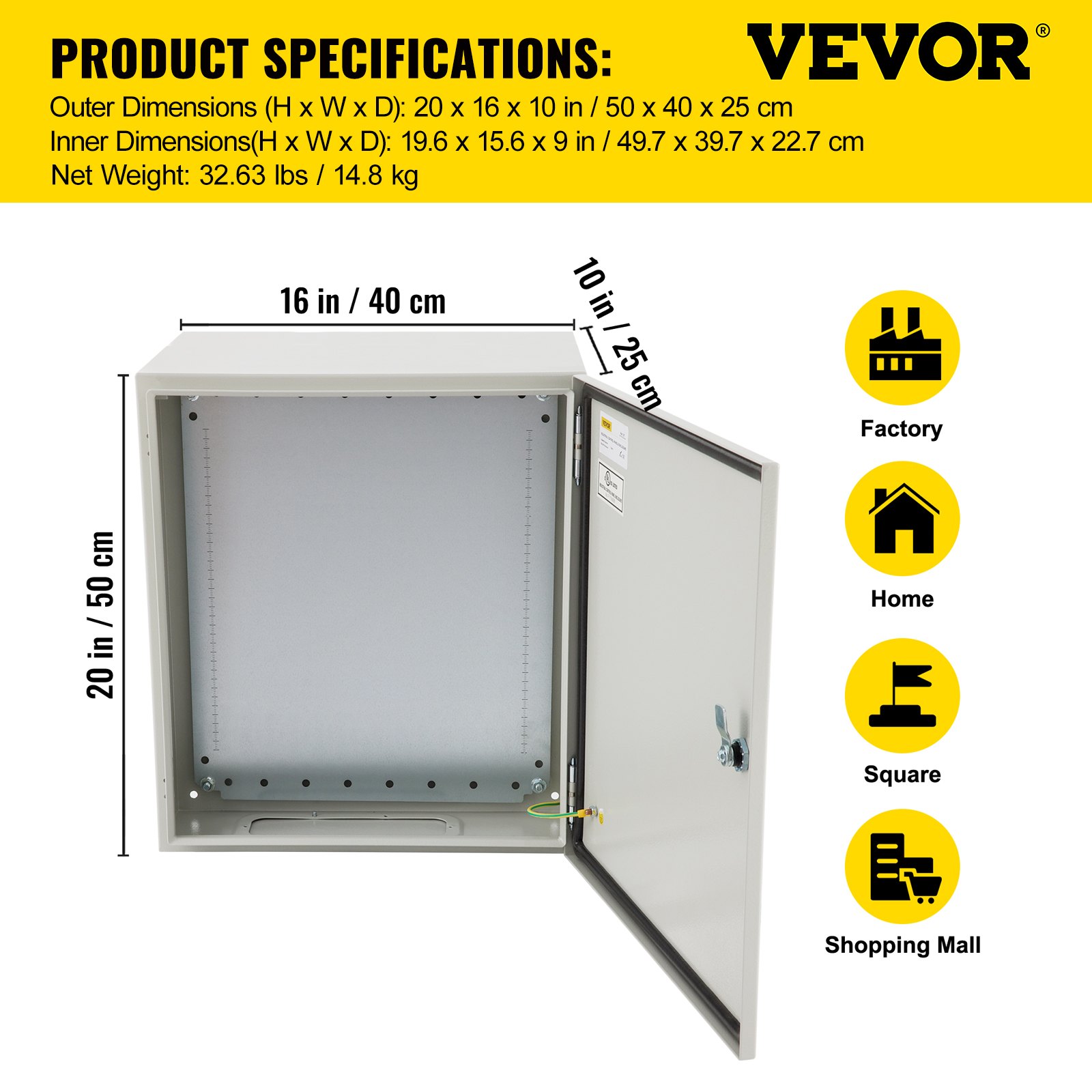 Caja eléctrica VEVOR, 20 x 16 x 10 pulgadas, probada según los estándares NEMA 4, caja de conexiones con bisagras de acero al carbono laminado en frío IP65 impermeable y prueba de polvo para uso