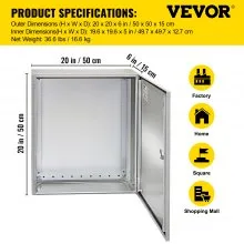 Caja eléctrica VEVOR, 20' x 20' x 6', caja exterior NEMA 4 certificada por  caja de conexiones con bisagras de acero al carbono laminado en frío a prueba de agua y polvo IP65 para uso en interiores y exteriores, con capota de lluvia
