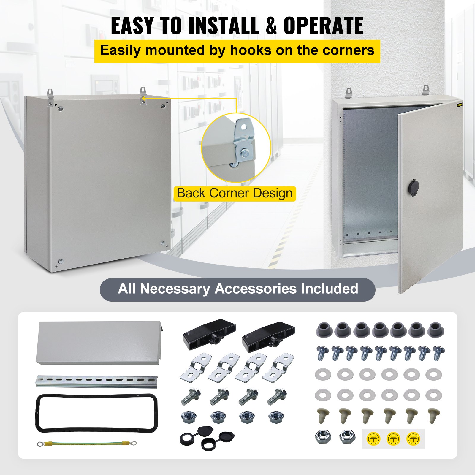 Caja eléctrica VEVOR, 20 x 20 x 6 pulgadas, probada según los estándaresNEMA 4, caja de conexiones con bisagras de acero al carbono laminado en frío IP65 impermeable y a prueba de polvo para uso en interiores y exteriores, con capucha para lluvia