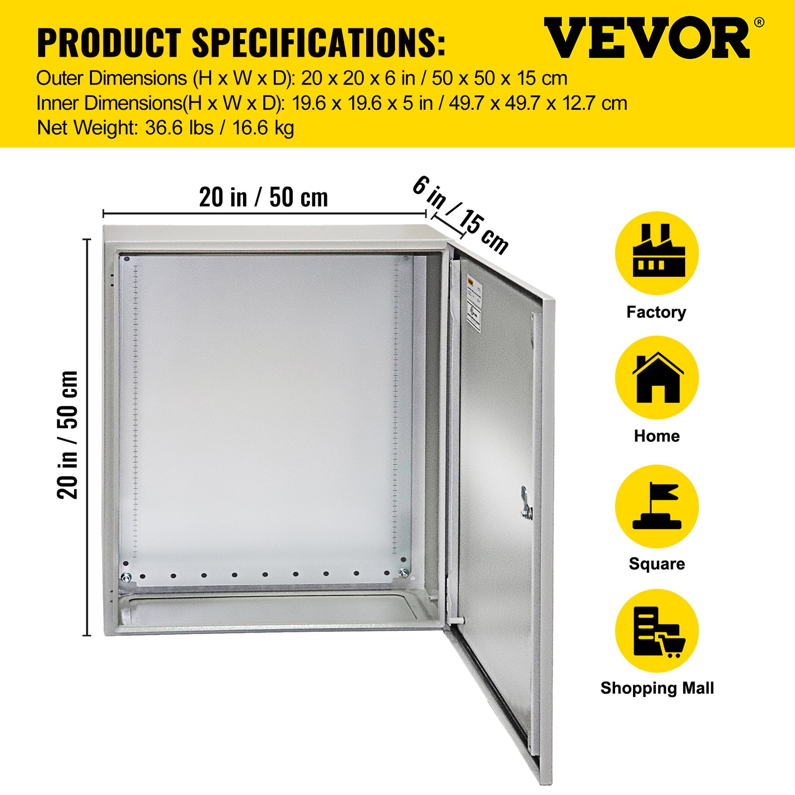 Caja eléctrica VEVOR, 20 x 20 x 6 pulgadas, probada según los estándaresNEMA 4, caja de conexiones con bisagras de acero al carbono laminado en frío IP65 impermeable y a prueba de polvo para uso en interiores y exteriores, con capucha para lluvia