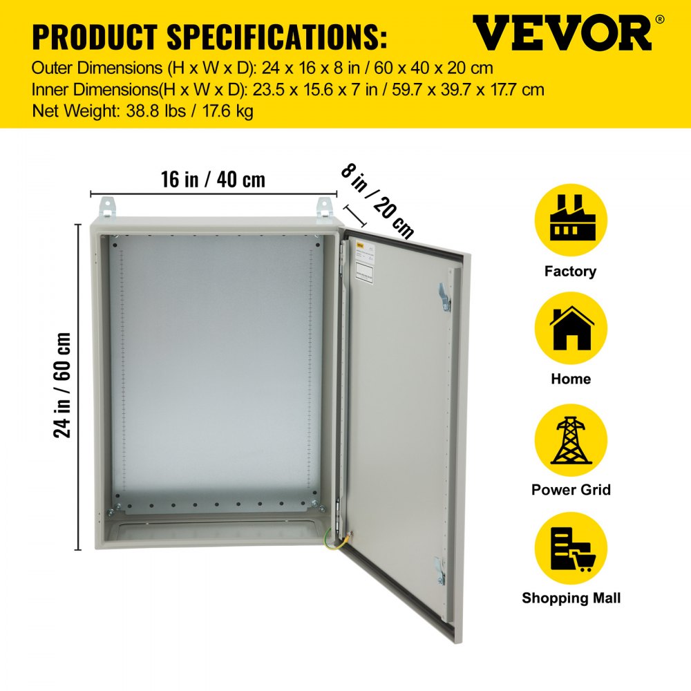 VEVOR Caja Eléctrica, 60 x 40 x 20 cm, Probada Según los Estándares NEMA 4, Caja de Conexiones con Bisagras de Acero al Carbono Laminado en Frío IP65 Impermeable y Prueba de Polvo, Gris Blanco