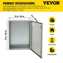 Caja eléctrica VEVOR, 24' x 16' x 8', caja exterior NEMA 4 certificada por  caja de conexiones con bisagras de acero al carbono laminado en frío a prueba de agua y polvo IP65 para uso en interiores y exteriores, con capota de lluvia