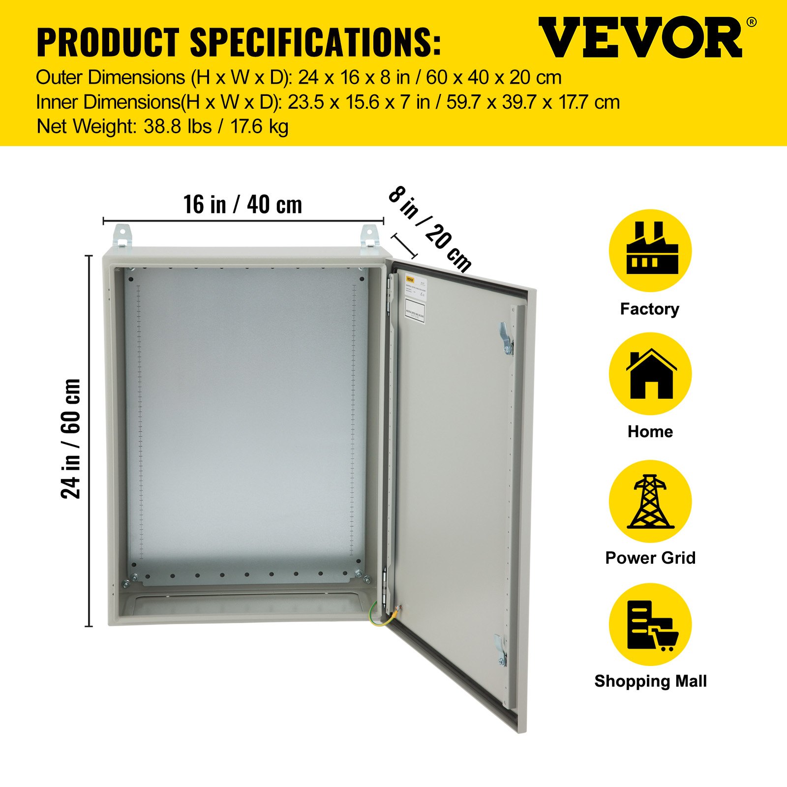 VEVOR Caja Eléctrica, 60 x 40 x 20 cm, Probada Según los Estándares NEMA 4, Caja de Conexiones con Bisagras de Acero al Carbono Laminado en Frío IP65 Impermeable y Prueba de Polvo, Gris Blanco
