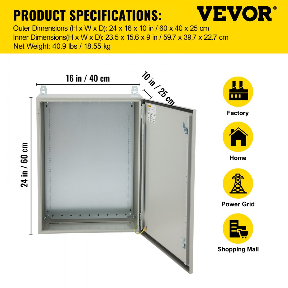 Caja eléctrica VEVOR, 24 x 16 x 10 pulgadas, probada según los estándaresNEMA 4, caja de conexiones con bisagras de acero al carbono laminado en frío IP65 impermeable y a prueba de polvo para uso en interiores y exteriores, con capucha para lluvia