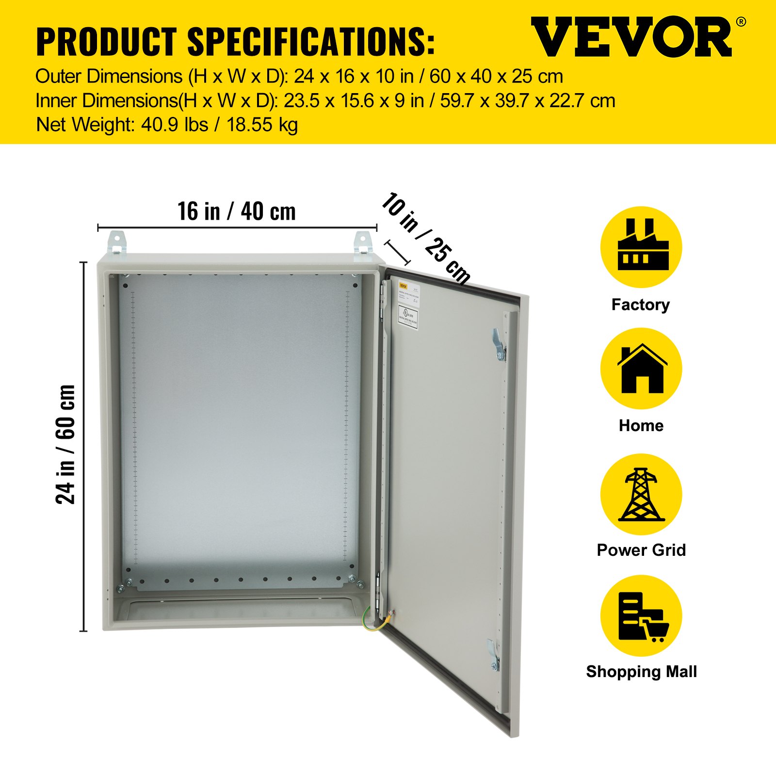 Caja eléctrica VEVOR, 24 x 16 x 10 pulgadas, probada según los estándaresNEMA 4, caja de conexiones con bisagras de acero al carbono laminado en frío IP65 impermeable y a prueba de polvo para uso en interiores y exteriores, con capucha para lluvia