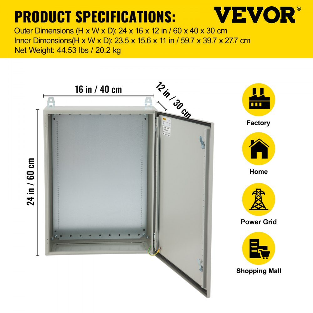 VEVOR Caja eléctrica, 24"x16"x12", caja para exteriores NEMA 4 con certificación UL, gabinete de acero al carbono laminado en frío resistente al agua y al polvo IP65 con bisagra para aplicaciones en exteriores e interiores, incluye protector contra lluvia