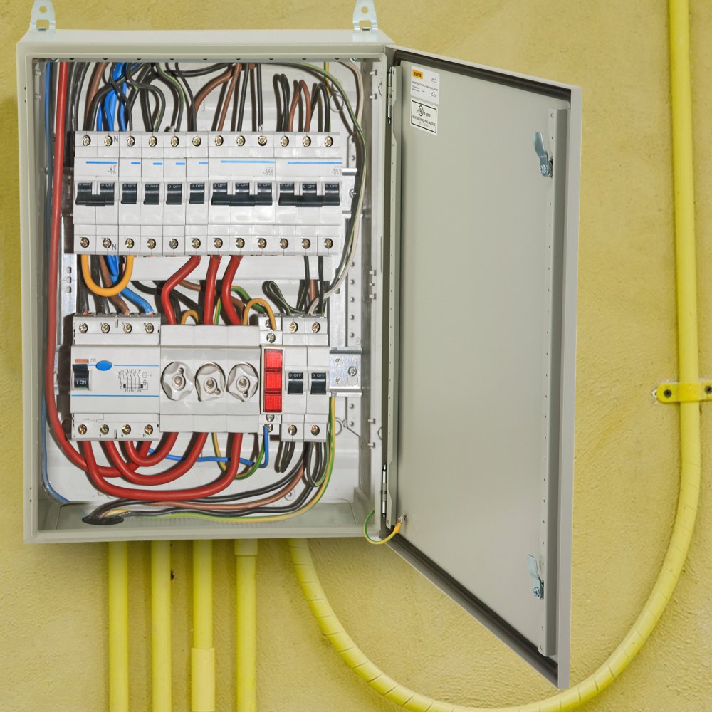 VEVOR Caja eléctrica, 24"x16"x12", caja para exteriores NEMA 4 con certificación UL, gabinete de acero al carbono laminado en frío resistente al agua y al polvo IP65 con bisagra para aplicaciones en exteriores e interiores, incluye protector contra lluvia