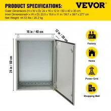 Caja eléctrica VEVOR, 24' x 16' x 12', caja exterior NEMA 4 certificada por  caja de conexiones con bisagras de acero al carbono laminado en frío a prueba de agua y polvo IP65 para uso en interiores y exteriores, con capota de lluvia