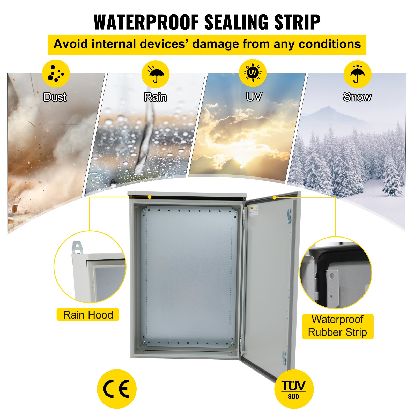 VEVOR Caja eléctrica, 24"x16"x12", caja para exteriores NEMA 4 con certificación UL, gabinete de acero al carbono laminado en frío resistente al agua y al polvo IP65 con bisagra para aplicaciones en exteriores e interiores, incluye protector contra lluvia