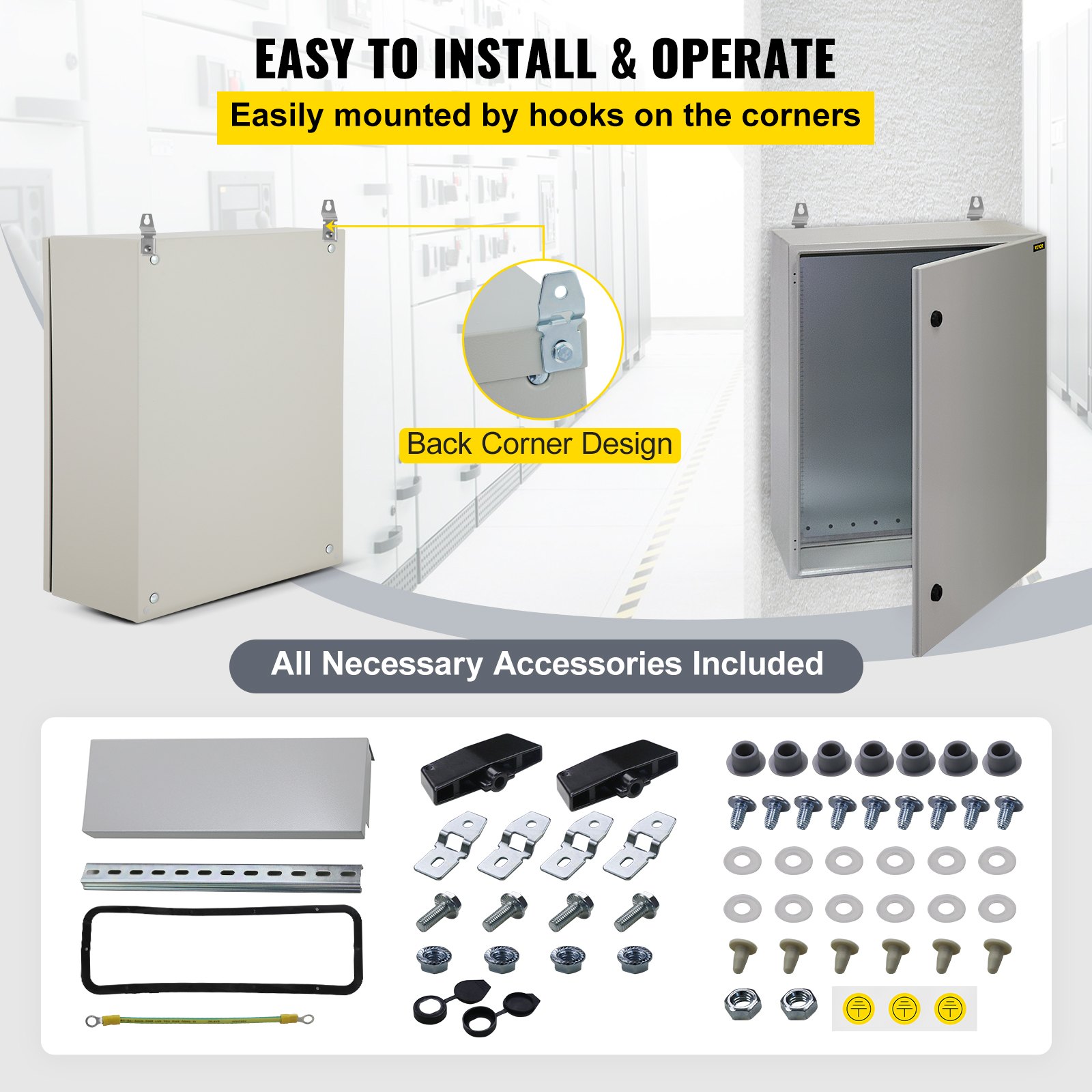 VEVOR Caja eléctrica, 24"x16"x12", caja para exteriores NEMA 4 con certificación UL, gabinete de acero al carbono laminado en frío resistente al agua y al polvo IP65 con bisagra para aplicaciones en exteriores e interiores, incluye protector contra lluvia