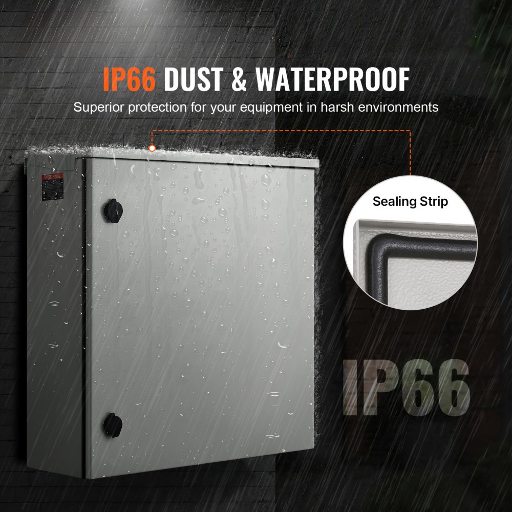 Caja eléctrica VEVOR, 24 x 24 x 8 pulgadas, NEMA 4, para exteriores, IP66, resistente al agua y al polvo, de acero al carbono laminado en frío, con bisagras para uso en interiores y exteriores, con cubierta para lluvia.