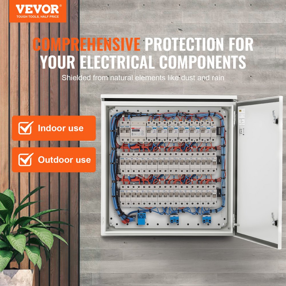 Caja eléctrica VEVOR, 24 x 24 x 12 pulgadas, caja exterior NEMA 4, IP66, resistente al agua y al polvo, caja de conexiones con bisagras de acero al carbono laminado en frío para uso en interiores y exteriores, con protección contra la lluvia.