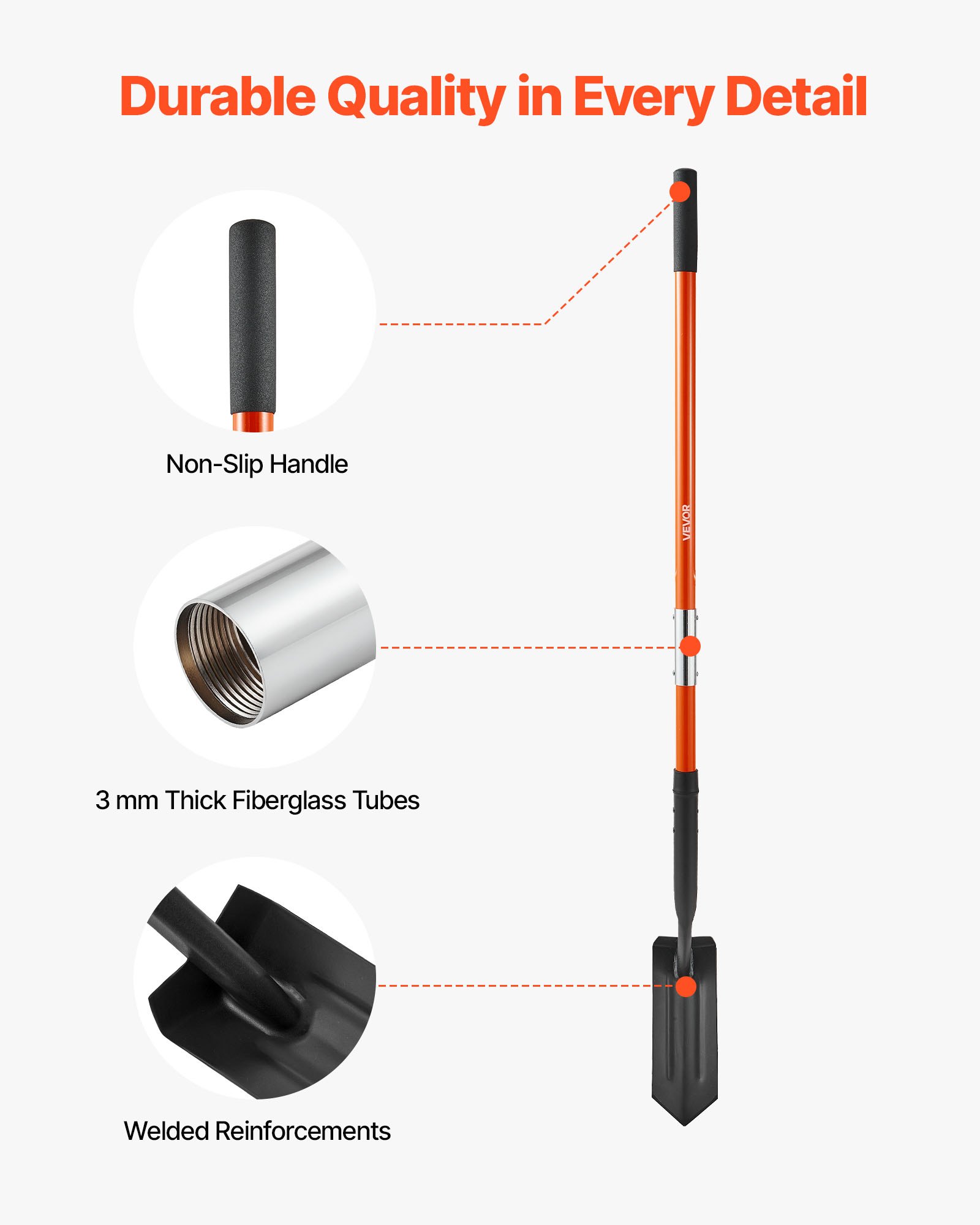 Pala de zanjas VEVOR, pala resistente de 4 pulgadas con hoja de 10 cm (4 pulgadas), pala estrecha con mango de fibra de vidrio y agarre antideslizante, ideal para jardinería, cavar hoyos, zanjas y plantar, 142 cm (56 pulgadas) de largo.