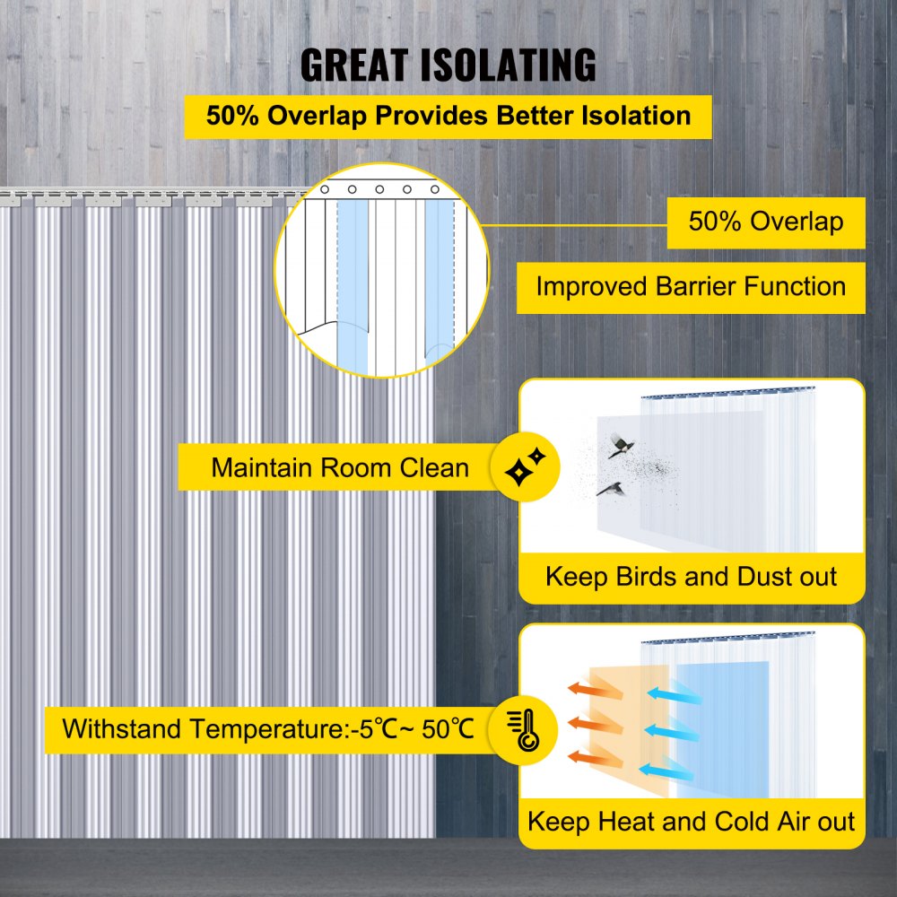 Cortina de plástico VEVOR, cortina de tira de plástico de 6 pies de ancho x 8 pies de altura, cortina de PVC transparente para congelador, tira de puerta de plástico de 0,08 pulgadas de grosor con más del 50% de superposición para cámaras frigoríficas, almacenes y salas limpias