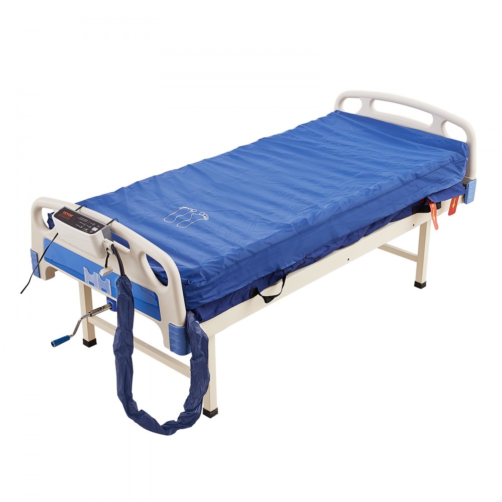 Cama de hospital con colchón de presión de aire VEVOR azul y unidad de control configurada, que muestra el uso médico.