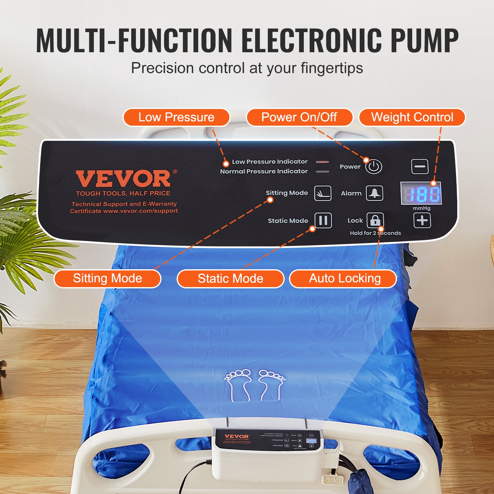 Colchón de presión de aire VEVOR con controles de bomba electrónica para modo sentado, modo estático y bloqueo automático.