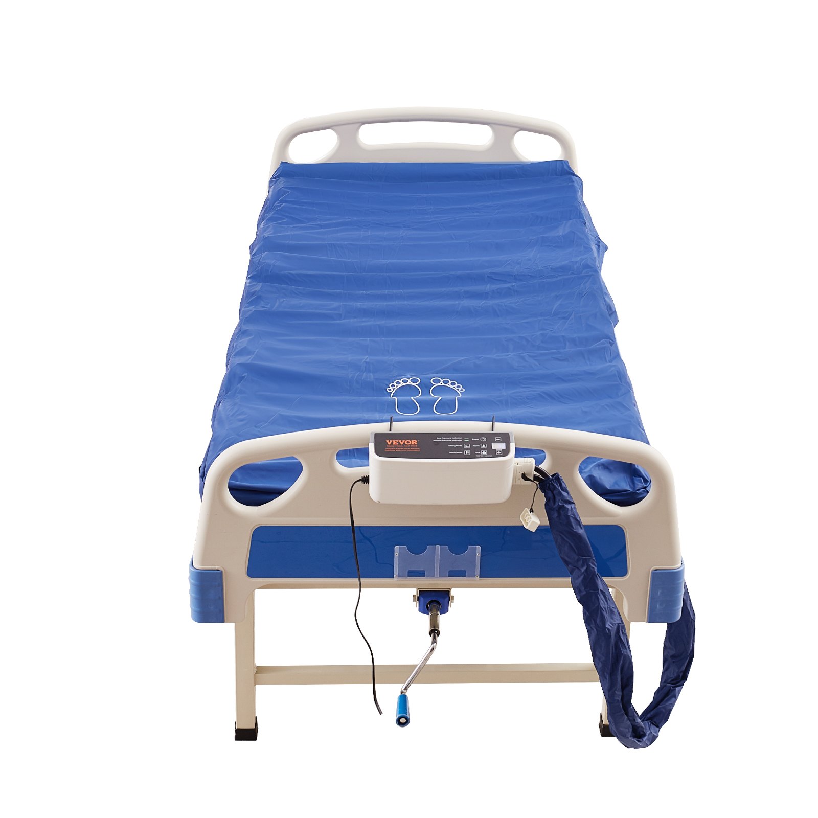 Colchón de presión de aire VEVOR azul en una cama de hospital con un panel de control adjunto.