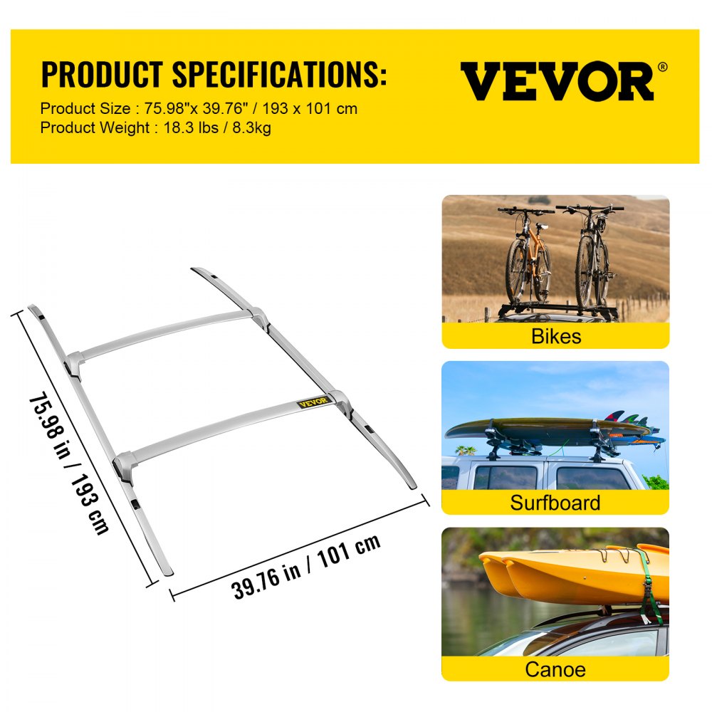 Barras transversales para portaequipajes de techo VEVOR que sujetan bicicletas, tablas de surf y canoas en un vehículo.