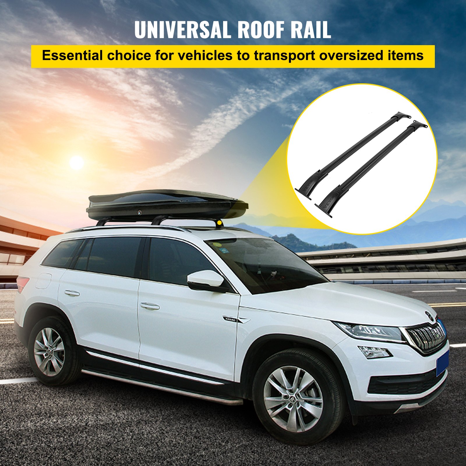 SUV blanco con barras transversales de techo VEVOR bajo un cielo despejado, mostrando un riel de techo universal.