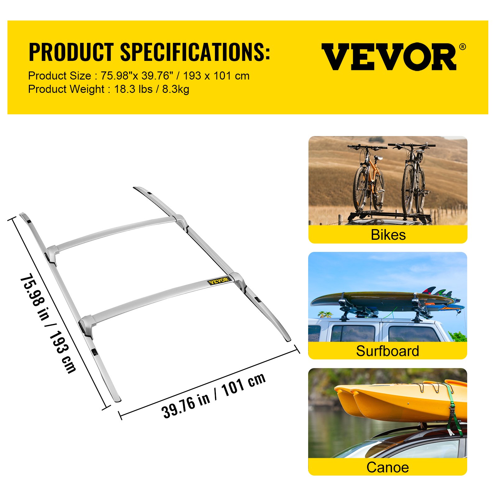 Barras transversales para portaequipajes de techo VEVOR que sujetan bicicletas, tablas de surf y canoas en un vehículo.