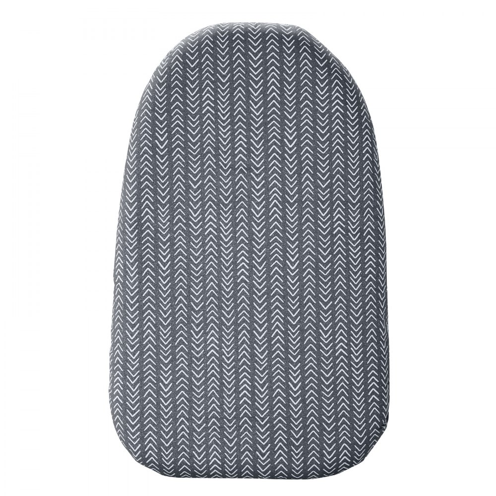 Tabla de planchar de sobremesa VEVOR con cubierta de chevron gris, forma ovalada y diseño compacto para espacios pequeños.