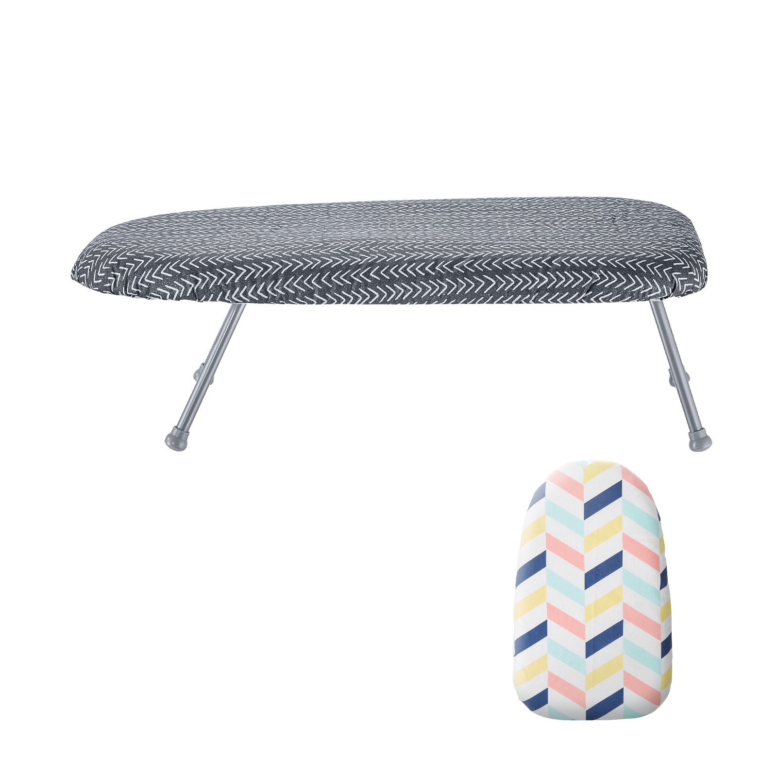 Tabla de planchar de sobremesa VEVOR con estampado de chevrones y funda adicional con rayas de colores.