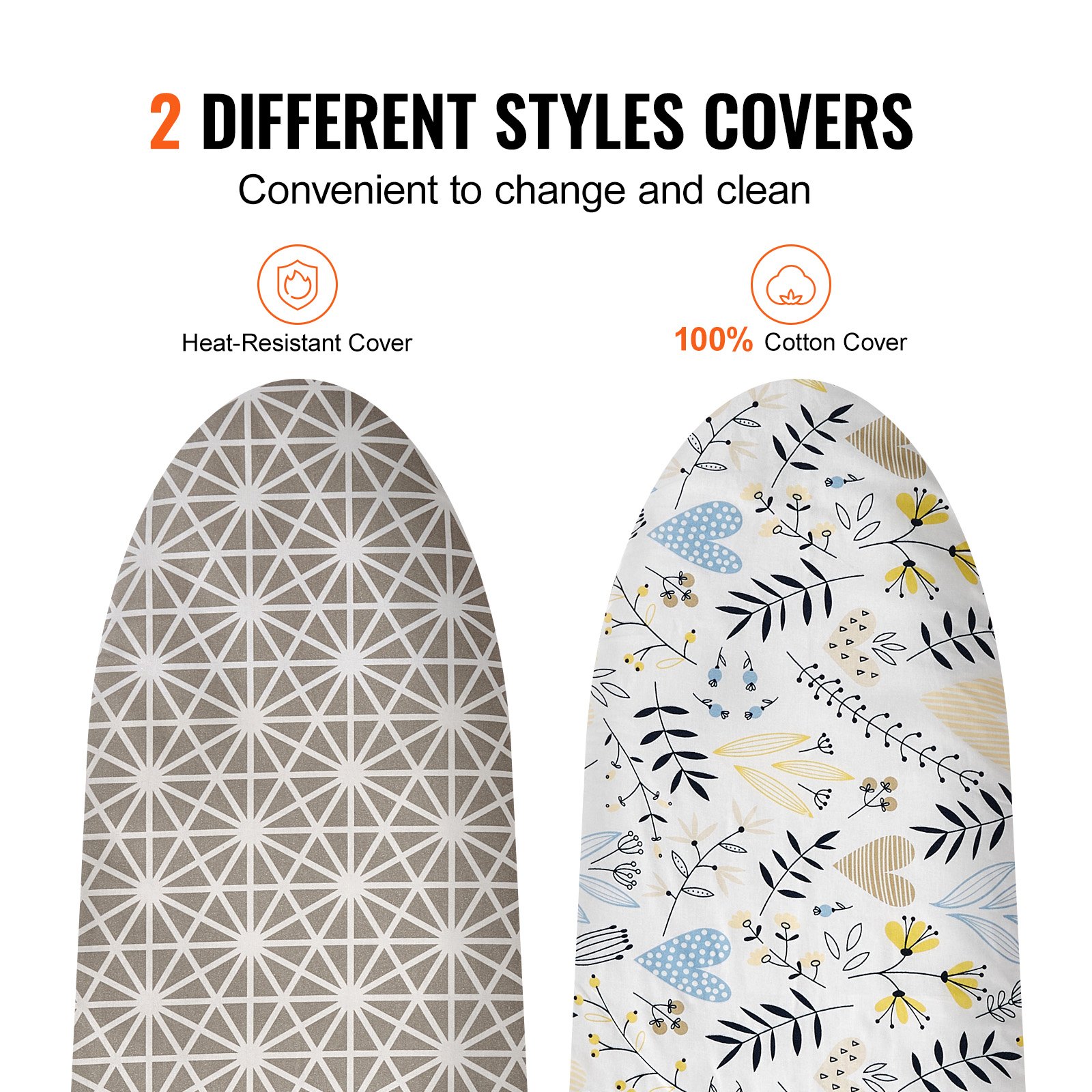 Dos fundas para tabla de planchar VEVOR: resistentes al calor y 100% algodón con diferentes estampados.