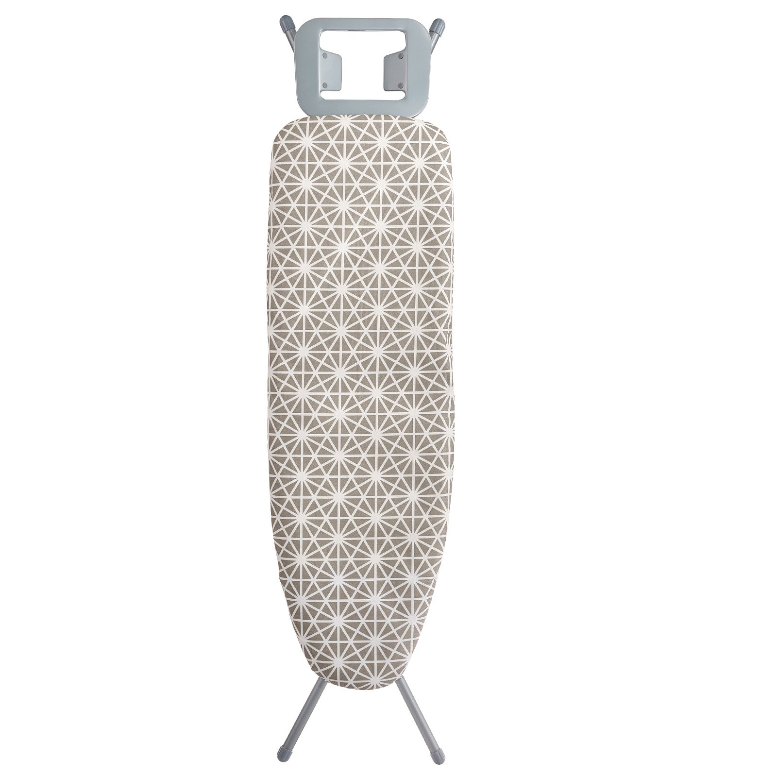 Tabla de planchar VEVOR gris con patrón geométrico, patas plegables y soporte para plancha.
